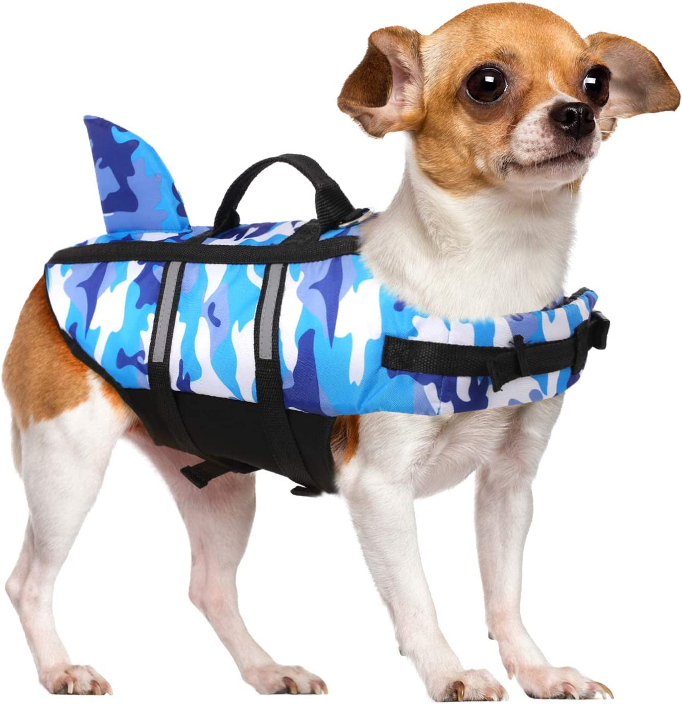 Queenmore Dog Life Jacket Pet Safety Vest High Buoyancy Camouflage Color Cute Shark with Strong Rescue Handle and Leash Ring for Boating, Canoeing, Surfing, Hunting, Blue M Animals & Pet Supplies > Pet Supplies > Dog Supplies > Dog Apparel Queenmore Blue Small 