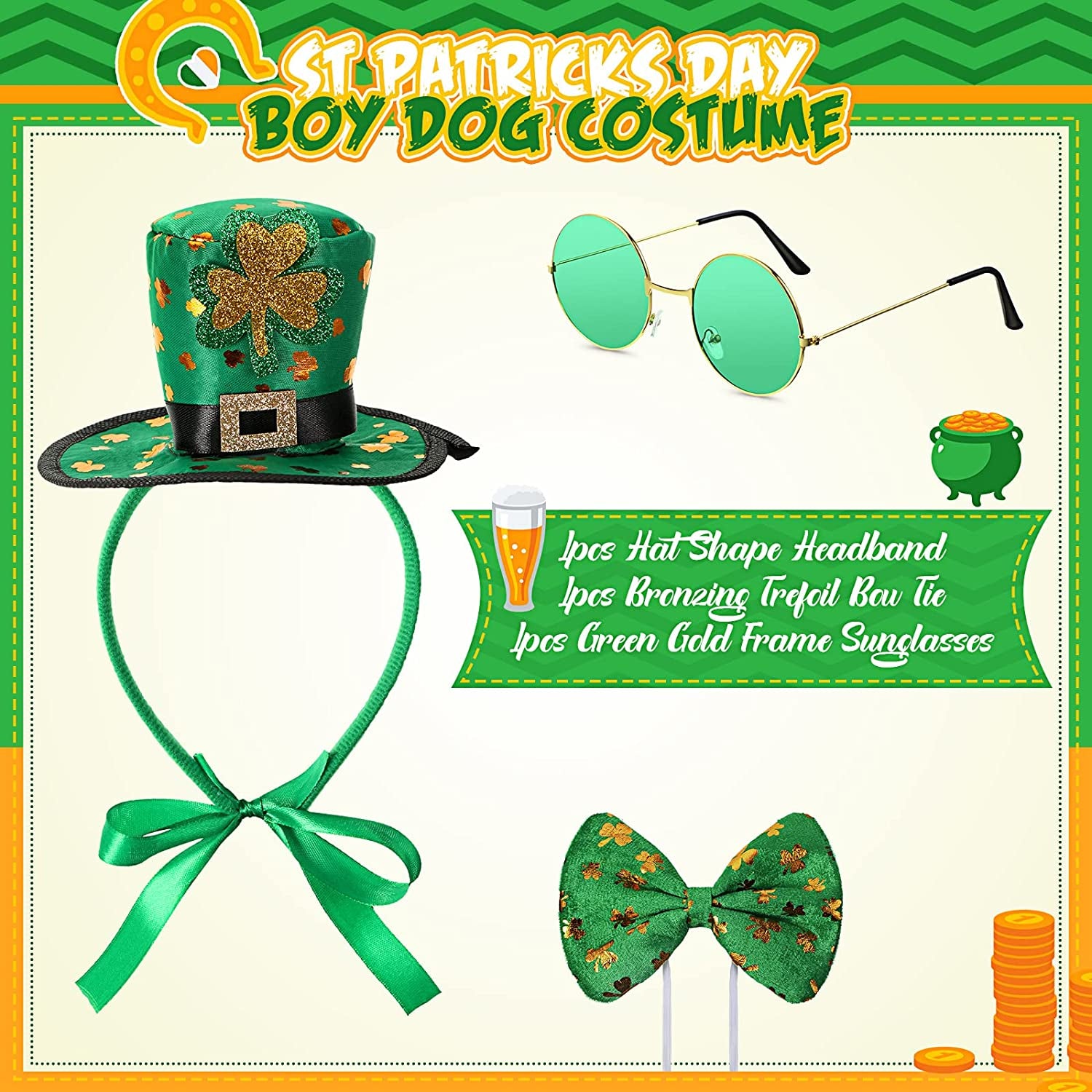 3 Pcs St Patrick'S Day Dog Costume, St. Patty'S Day Doggie Headband Green round PET Sunglasses and Green Shamrock Bow Tie Kit for Medium Large Dogs Animals & Pet Supplies > Pet Supplies > Dog Supplies > Dog Apparel Yaomiao   