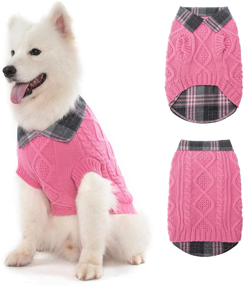 Warm Dog Sweater Winter Clothes - Plaid Patchwork Pet Doggy Knitted Sweaters Comfortable Coats for Cold Weather, Fit for Small Medium Large Dogs Animals & Pet Supplies > Pet Supplies > Dog Supplies > Dog Apparel Homimp Pink Medium 