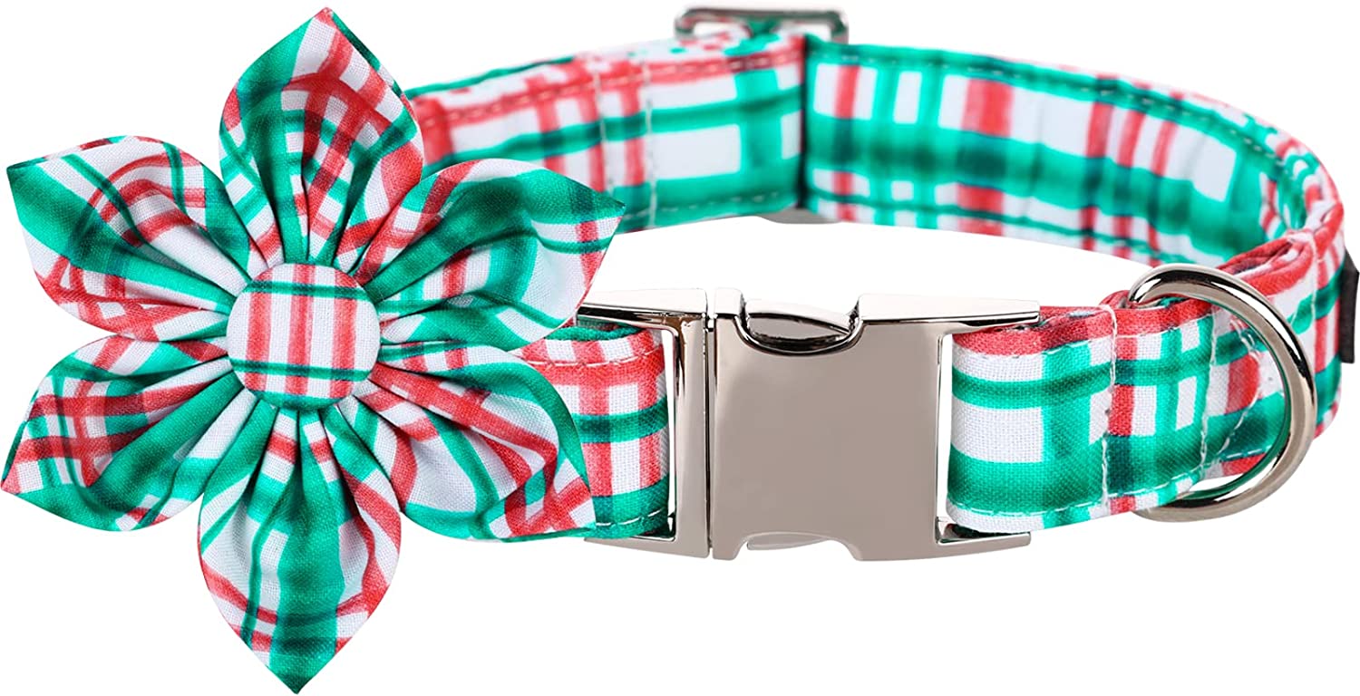 Lionet Paws Christmas Dog Collar with Bowtie, Dog Bowtie Collar with Metal Buckle for Dogs, Adjustable Comfortable Dog Collar Girl Boy Gift Santa Claus, M, Neck 13.5-22 In Animals & Pet Supplies > Pet Supplies > Dog Supplies > Dog Apparel lionet paws Red&Green Grid(Flower) Large (Pack of 1) 