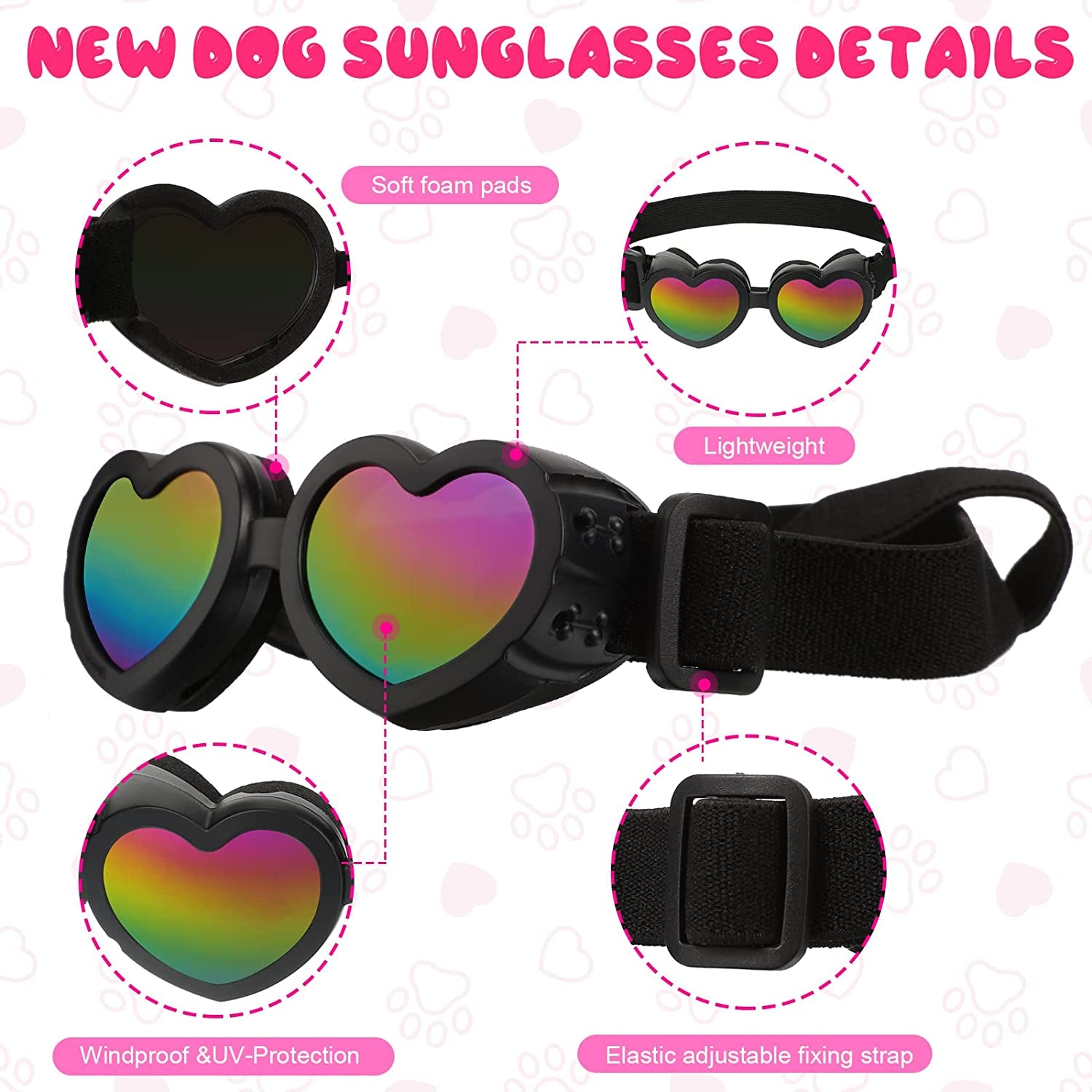 2 Pcs Dog Sunglasses Heart Shape Dog Goggles Small Medium Breed Dog Eye Protection Goggles anti Fog Glasses with Adjustable Strap for Dog Pet Windproof Foldable Eye Wear (Black, Pink) Animals & Pet Supplies > Pet Supplies > Dog Supplies > Dog Apparel Geelin   