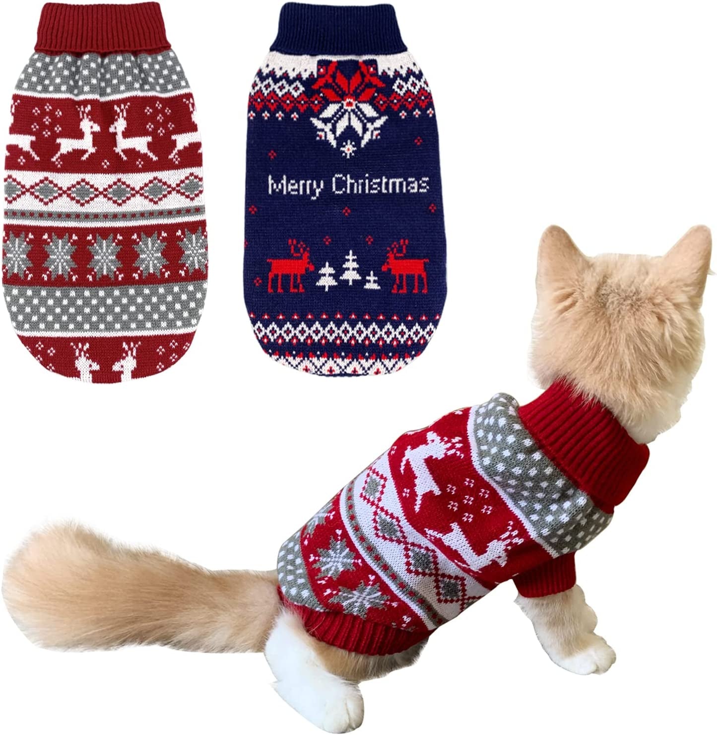 Cooshou 2Pcs Dog Christmas Sweater Cat Christmas Sweater Cat Dog Knitwear Sweater Xmas Pet Clothes Winter Warm Reindeer Snowflake Merry Christmas Cat Sweaters for Small Medium Cats Dogs M Animals & Pet Supplies > Pet Supplies > Dog Supplies > Dog Apparel CooShou X-Small  