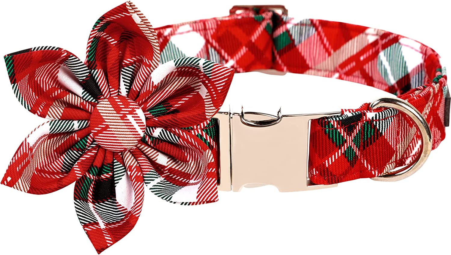 Lionet Paws Christmas Dog Collar with Bowtie, Dog Bowtie Collar with Metal Buckle for Dogs, Adjustable Comfortable Dog Collar Girl Boy Gift Santa Claus, M, Neck 13.5-22 In Animals & Pet Supplies > Pet Supplies > Dog Supplies > Dog Apparel lionet paws Red&Green&White Grid(Flower) Large (Pack of 1) 
