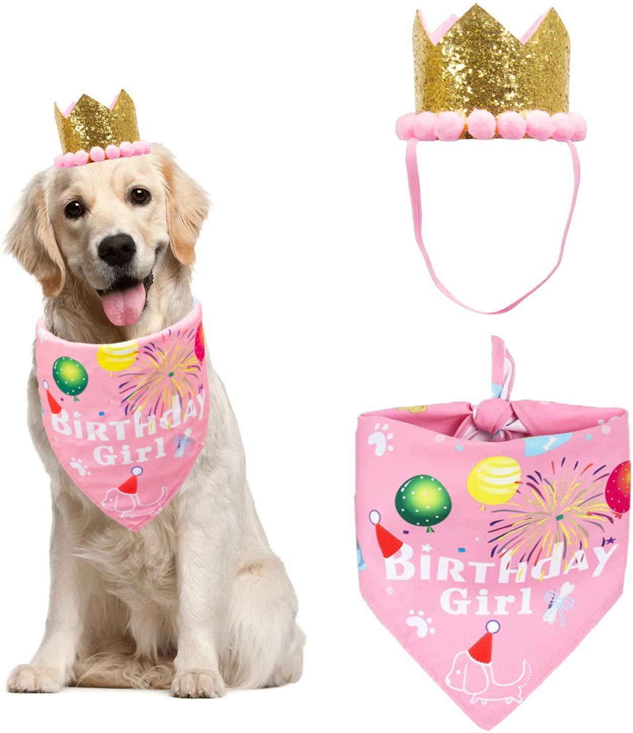 ADOGGYGO Dog Birthday Bandana Hat Set Dog Puppy Birthday Party Supply Dog Bandana Boy Girl Puppy Birthday Hat Scarf for Small Medium Dog Pet (Pink Scarf & Crown) Animals & Pet Supplies > Pet Supplies > Dog Supplies > Dog Apparel ADOGGYGO Pink  