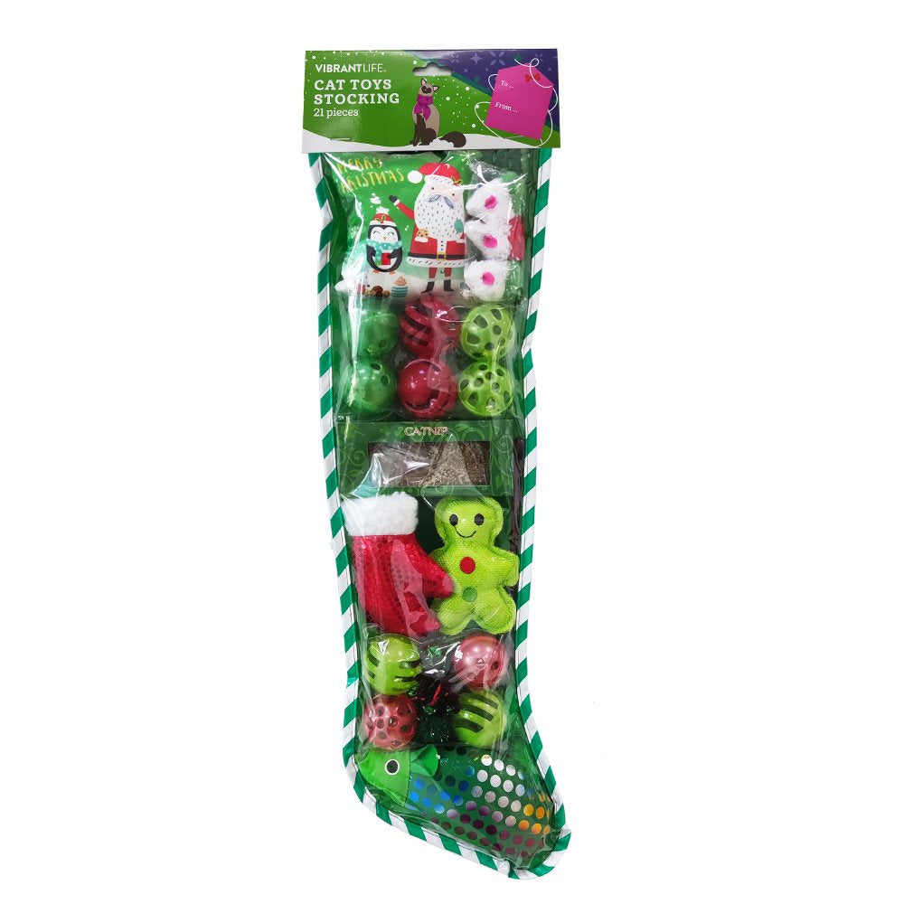 Vibrant Life Holiday 21 Piece Cat Toy Stocking Gift Set, Red