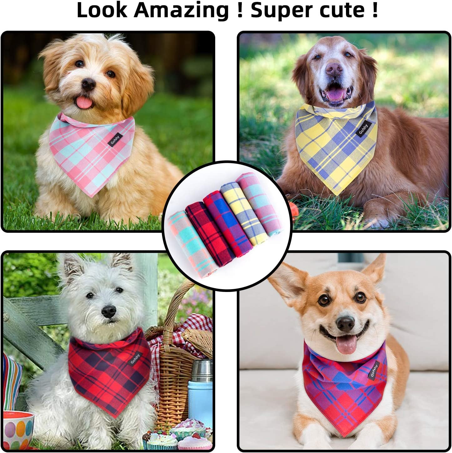 Gofshy Christmas Dog Bandanas-5Pcs Birthday Gift Puppy Bandana Vibrant Color Plaid Printing Adjustable Dog Scarf Bib Handkerchief Accessories for Small Medium Large Dog Cat (Bright)-M Animals & Pet Supplies > Pet Supplies > Dog Supplies > Dog Apparel Gofshy   