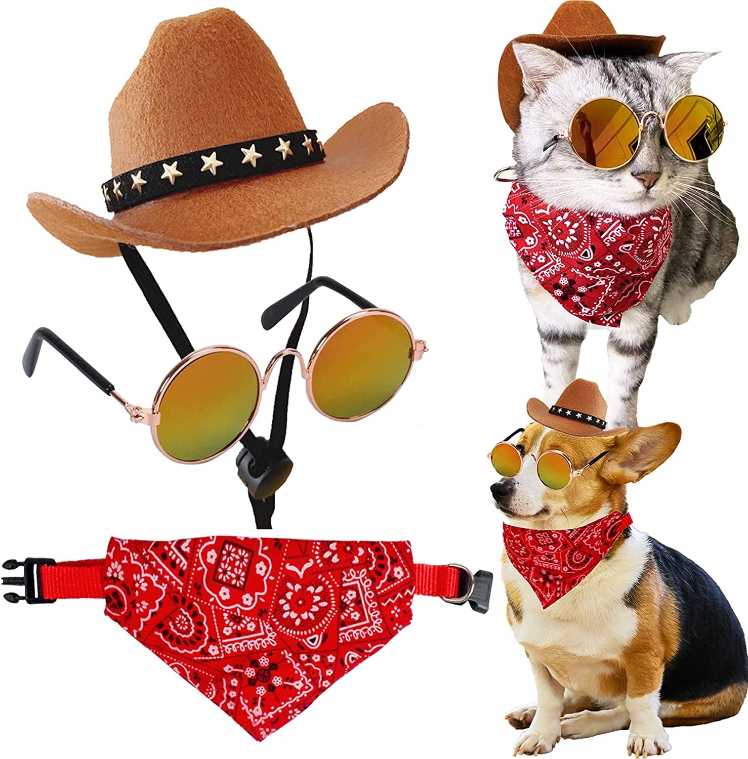 Gallarato Cowboy Costume for Pet Cowboy Bandanna Cowboy Hat for Pet Cowgirl Bandanna Sunglasses Hiphop Costume for Pet Hippie Costume Animals & Pet Supplies > Pet Supplies > Dog Supplies > Dog Apparel GallaRato   