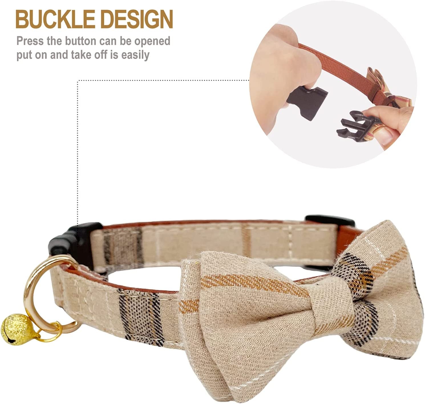 KUDES Plaid Dog Collar with Bow, 2 Pack/Set Adjustable Cute Dog Bow Tie Collars with Bell, Best Pet Gift for Small Medium Large Boy Male Dogs, Beige & Brown (S(9.6''-13.8''), Beige & Brown) Animals & Pet Supplies > Pet Supplies > Dog Supplies > Dog Apparel Leegoo   