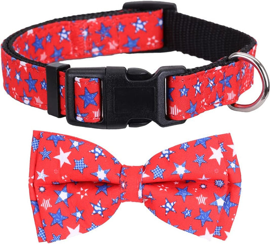 American Flag Dog Collar with Removable Cute Bow Tie Adjustable Pet Collars 4Th of July Independence Day Large