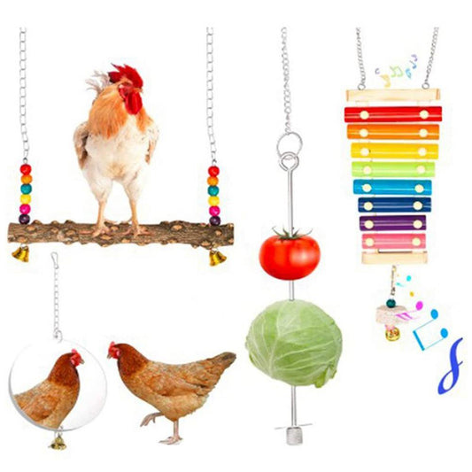 Gecorid Chicken Swing Toy Set Wooden Chicken Bird Playset Chicken Swing Toy Set with Mirror Xylophone Vegetable Hang Hook Durable Animal Chewing Toy for Hens Birds Parrots Advantage Animals & Pet Supplies > Pet Supplies > Bird Supplies > Bird Toys Gecorid   