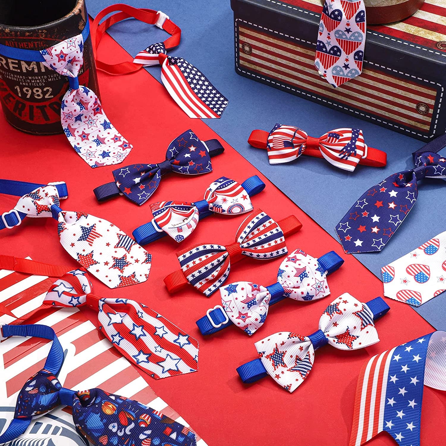 32 Pcs Independence Day Dog Bow Set Includes 16 Pieces 4Th of July Dog Bow Ties and 16 Pieces Dog Neckties with Adjustable Collar Pet Grooming Accessories for Patriotic Dogs Cats (Star Style) Animals & Pet Supplies > Pet Supplies > Dog Supplies > Dog Apparel Saintrygo   