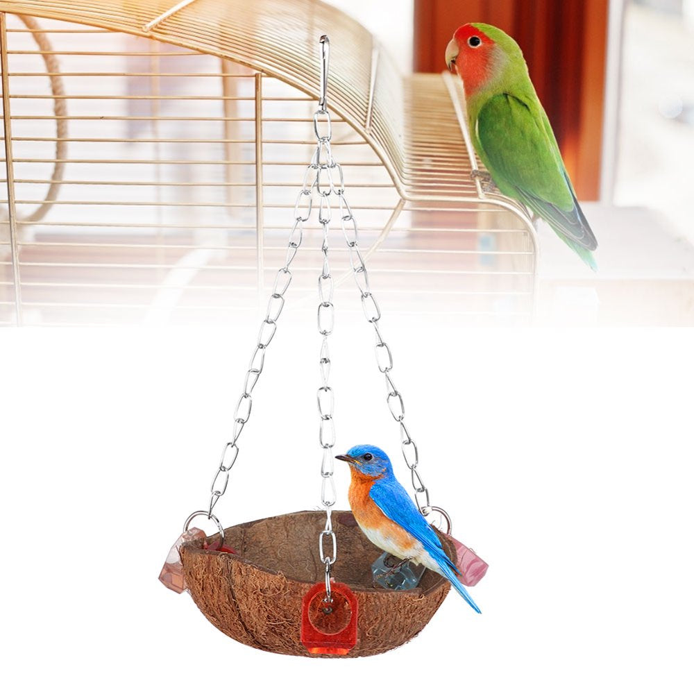 Octpeak Birds Toy, Hanging Basket,Pet Birds Toy Squirrel Coconut Shell Hanging Basket Sling with Acrylic Rings for Hammock