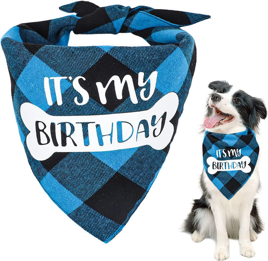 VIPITH Double Sided Cotton Dog Birthday Bandana Girl Boy, Washable Reversible Plaid Painting Dog Scarf Bibs for Small Medium Large Unisex Dogs Cats Pets Animals & Pet Supplies > Pet Supplies > Dog Supplies > Dog Apparel VIPITH Blue  