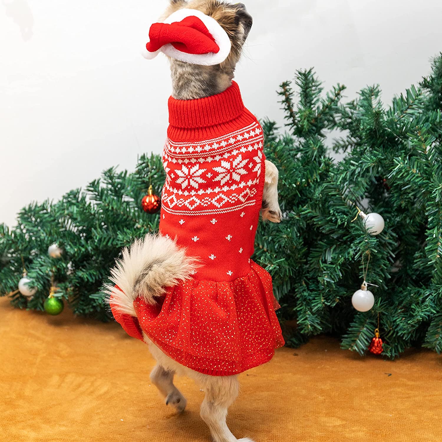 JVVGPET Christmas Dog Sweater Dress for Small Dog - Warm Winter Turtleneck Pullover Knitwear Dog Clothes with Leash Hole - Snowflake Pattern Cute Holiday Party Daily Wear Dog Puppy Sweater(Xxs) Animals & Pet Supplies > Pet Supplies > Dog Supplies > Dog Apparel JVVGPET   