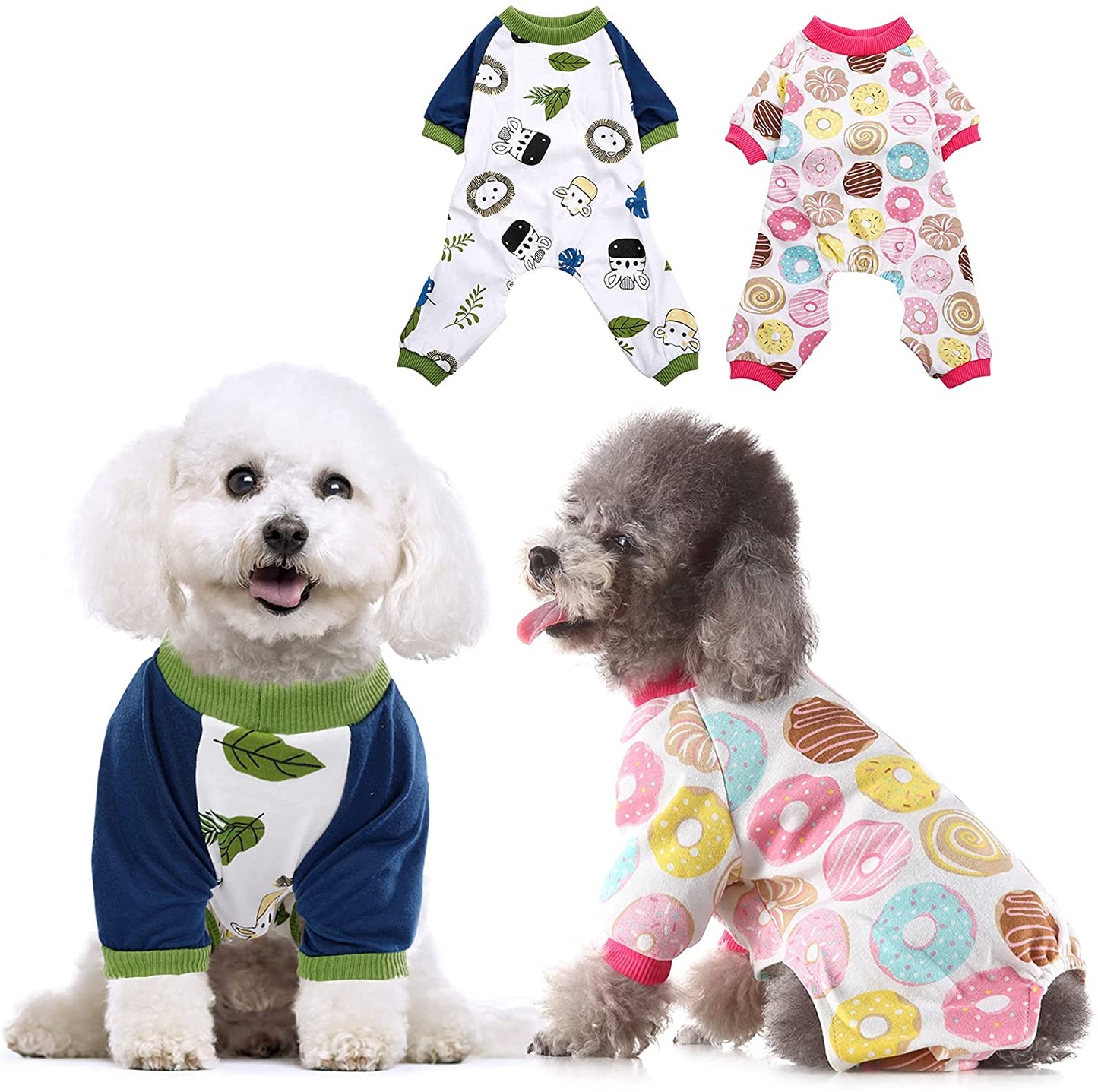 KOESON 2 Pack Cotton Dog Pajamas, Cozy Stretchy Cat Onesie Pet Jumpsuit Clothes with Cute Fruit/Animal Pattern, Soft Breathable Puppy Rompers Bodysuit Shirts for Small Medium Dogs Cats Animals & Pet Supplies > Pet Supplies > Dog Supplies > Dog Apparel KOESON Donut & Blue Lion Large 