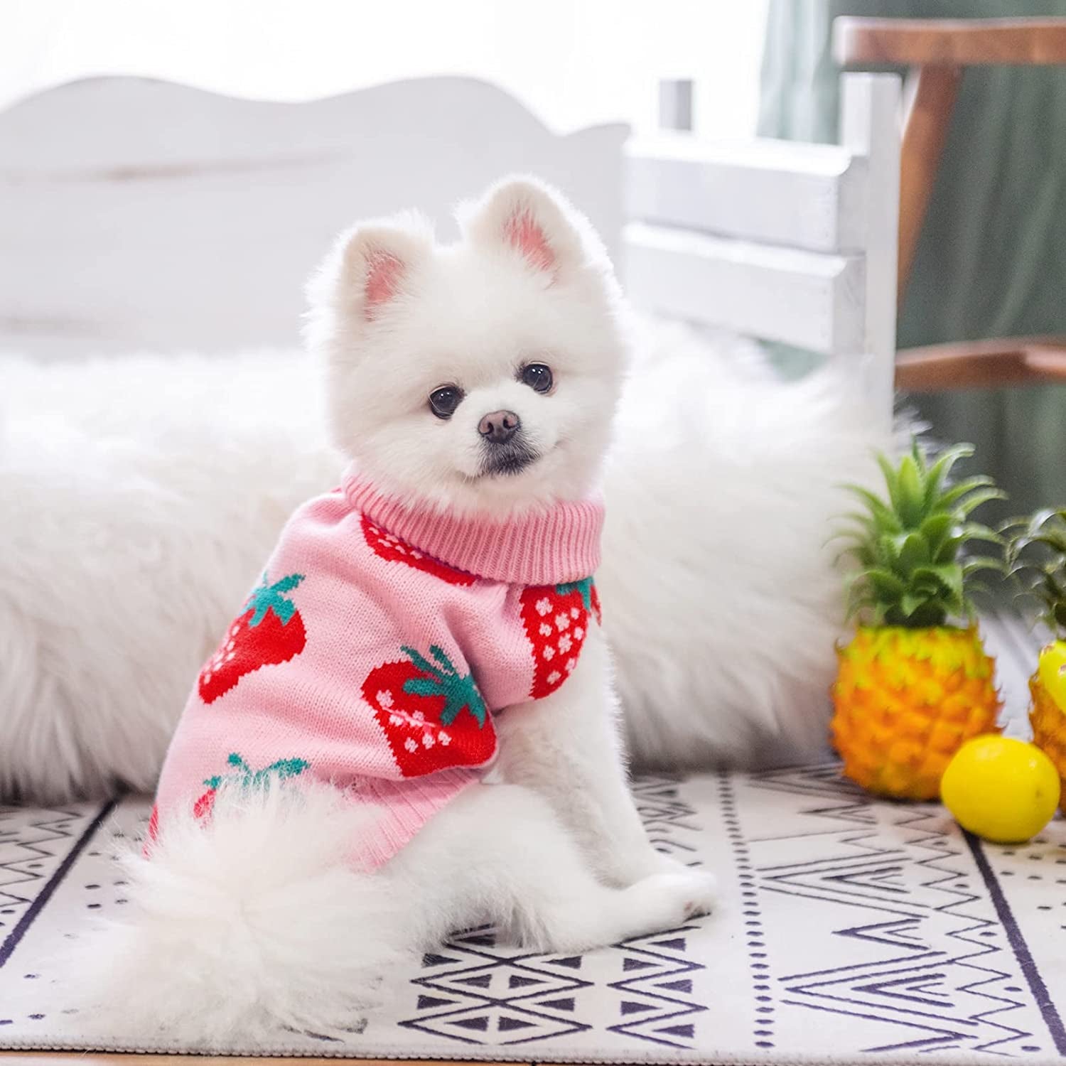 SCIROKKO Dog Sweaters for Small Dogs - Cute Girl Dog Clothes Knitwear Warm Puppy Winter Sweater, Pink Strawberry Animals & Pet Supplies > Pet Supplies > Dog Supplies > Dog Apparel SCIROKKO   