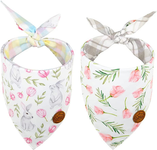 Crowned Beauty Easter Dog Bandanas Large 2 Pack, Bunnies Tulips Set, Plaid Adjustable Triangle Holiday Reversible Scarves for Medium Large Extra Large Dogs Pets Animals & Pet Supplies > Pet Supplies > Dog Supplies > Dog Apparel Crowned Beauty   