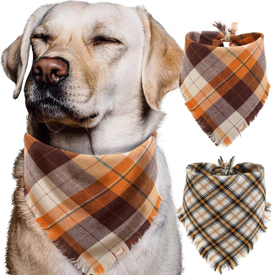 Fall Dog Bandana - Set of 2 Washable Reversible Square Plaid Pet Kerchief Scarf for Halloween Animals & Pet Supplies > Pet Supplies > Dog Supplies > Dog Apparel Pawskido   