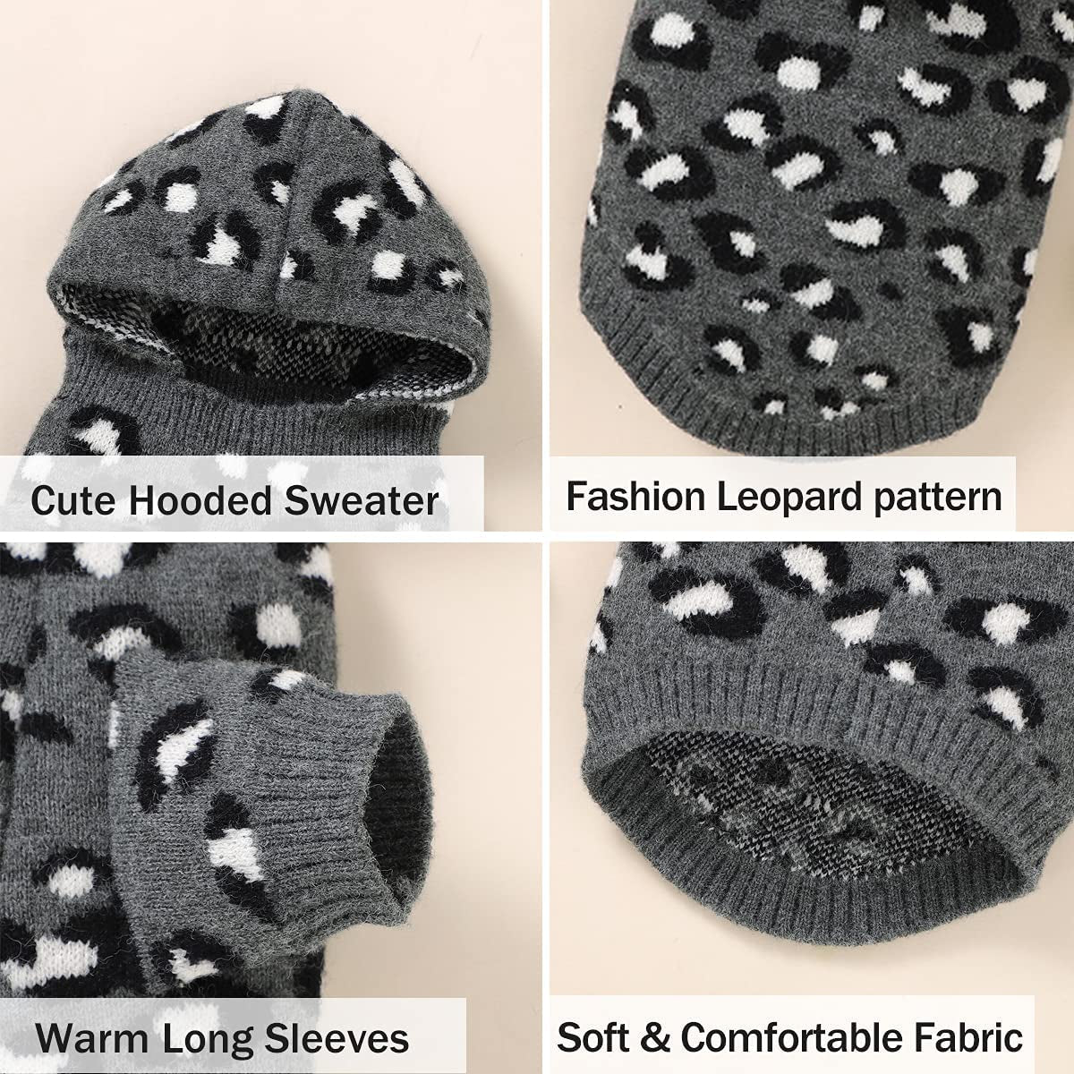 Fyzeg Dog Sweater Leopard Pattern Dog Hoodie Knitwear Sweater with Hat Winter Warm Pet Clothes of Kitten Puppy (Gray, Medium) Animals & Pet Supplies > Pet Supplies > Dog Supplies > Dog Apparel Fyzeg   