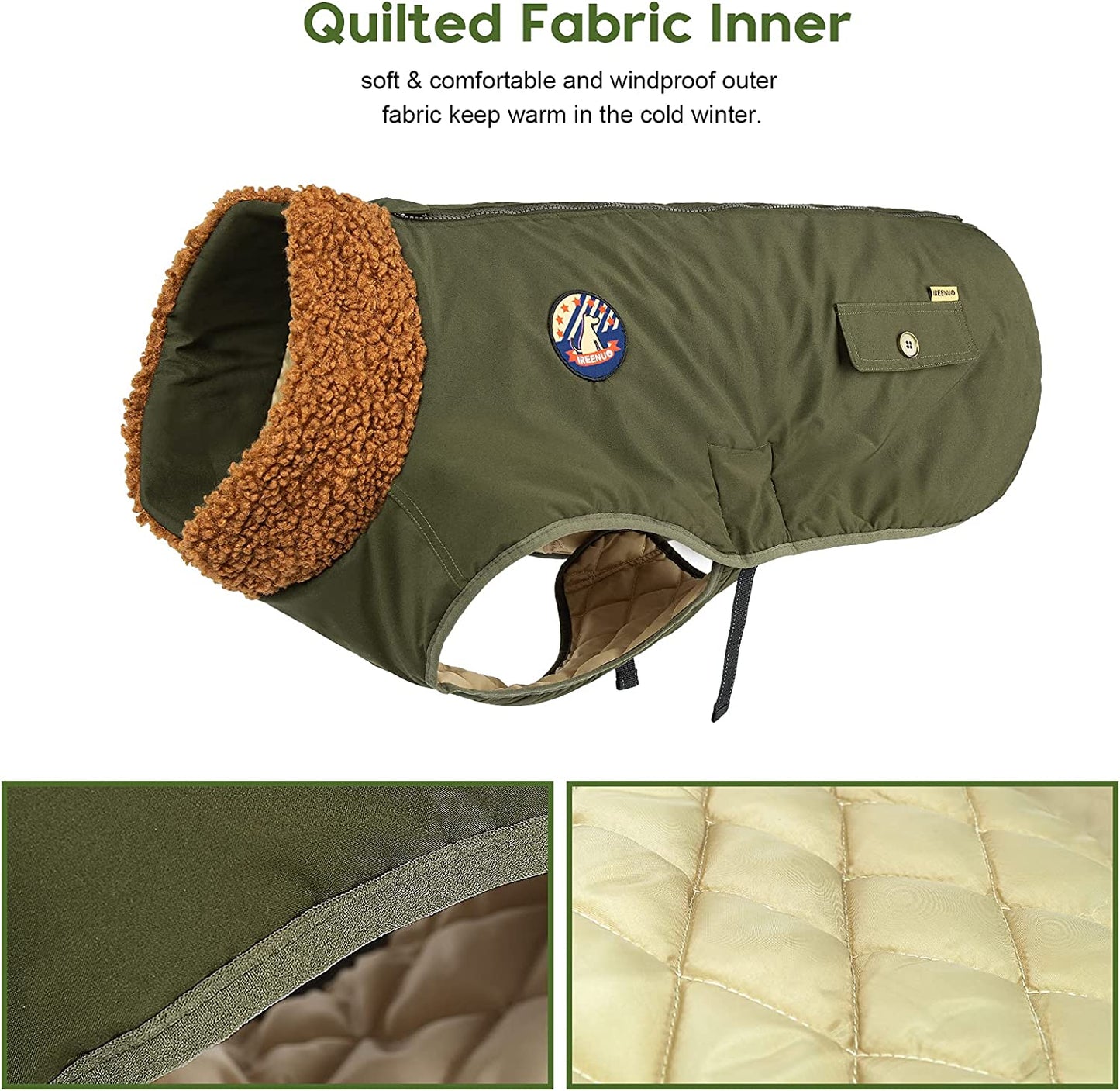 IREENUO Dog Coat, Waterproof Dog Jacket for Medium Large Dogs, Cozy Lining Coat Dog Outdoor Clothes with Furry Collar Warm Dog Bomber Jacket (Green, L) Animals & Pet Supplies > Pet Supplies > Dog Supplies > Dog Apparel IREENUO   