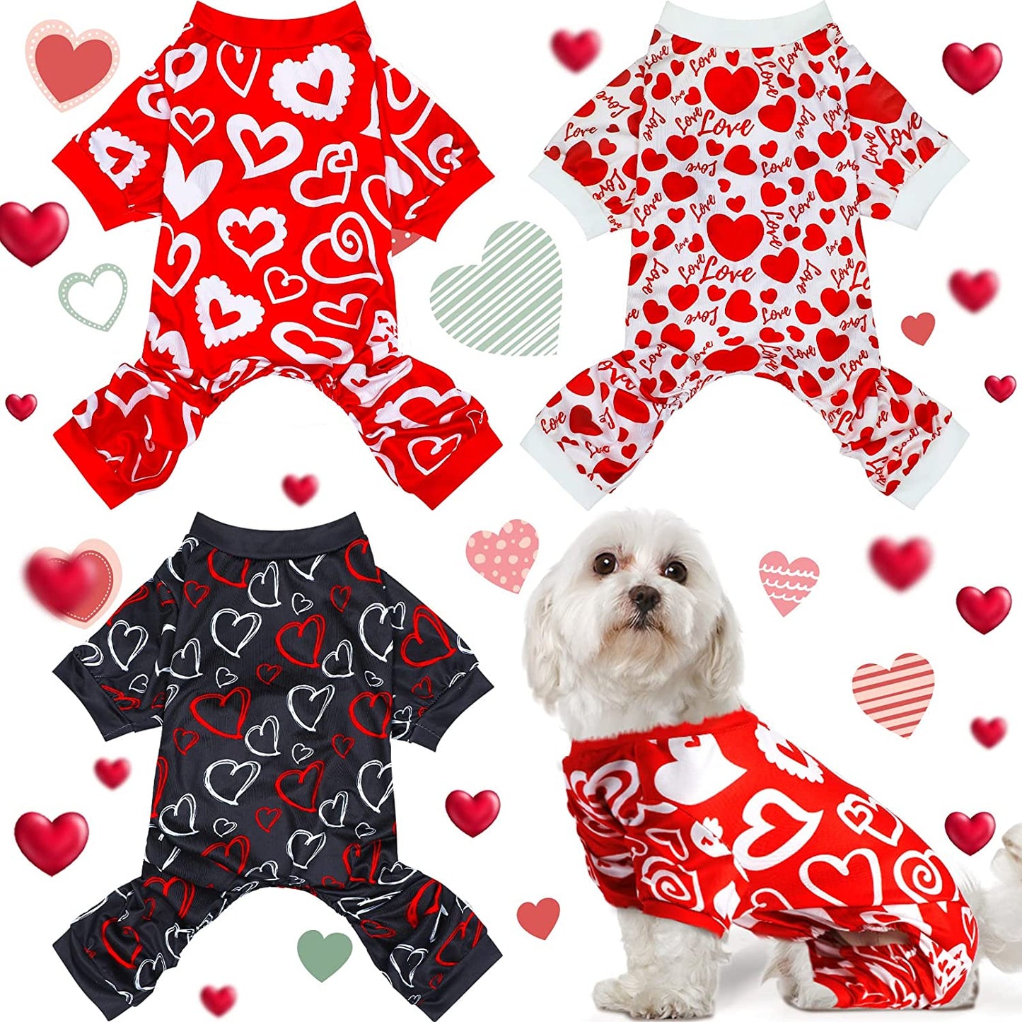 3 Pieces Valentines Day Pajamas Dog Onesies Dog Jumpsuits Dog Birthday Costume Heart Pattern Dog Clothes Dog Cartoon Apparel for Pet Puppy Dog Cat(S(Fit 3.3-5.5Lbs)) Animals & Pet Supplies > Pet Supplies > Dog Supplies > Dog Apparel Weewooday L(fit 7.7-9.9lbs)  