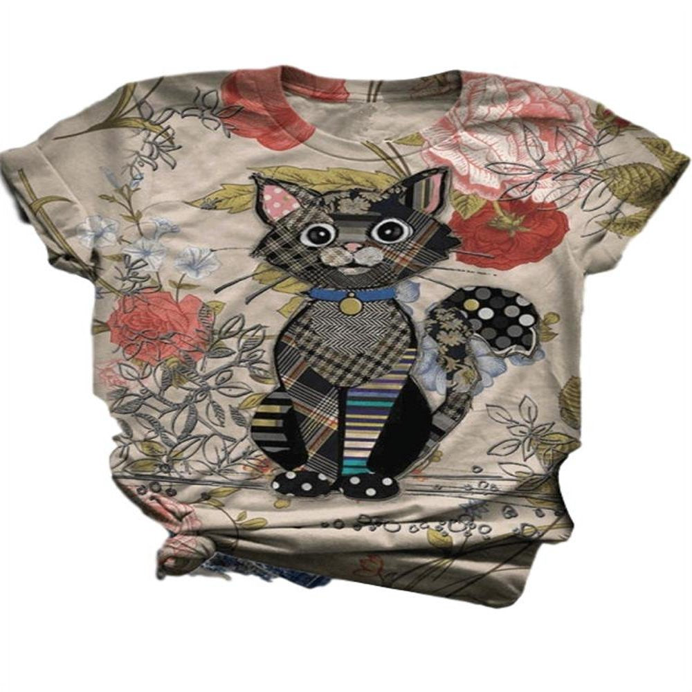 NGMQ Funny Cat Print Women Short Sleeve plus Size T-Shirt Animals & Pet Supplies > Pet Supplies > Cat Supplies > Cat Apparel NGMQ Brown M 