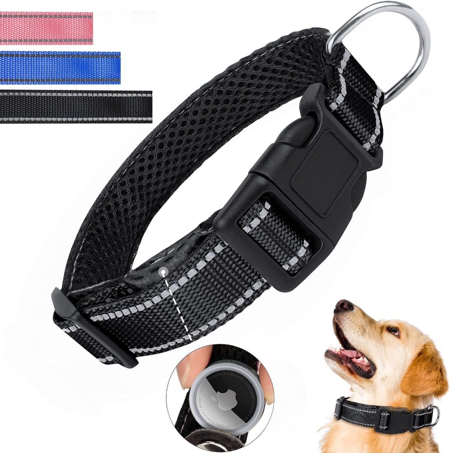 Reflective Airtag Dog Collar, Breathable Pink Nylon Dog Collar with Airtag Holder, the Waterproof Dog Collar Airtag, Dog Tracking Collar, Adjustable Airtag Accessories Dog Collar for Medieum Dogs Electronics > GPS Accessories > GPS Cases Simket Black Medium 