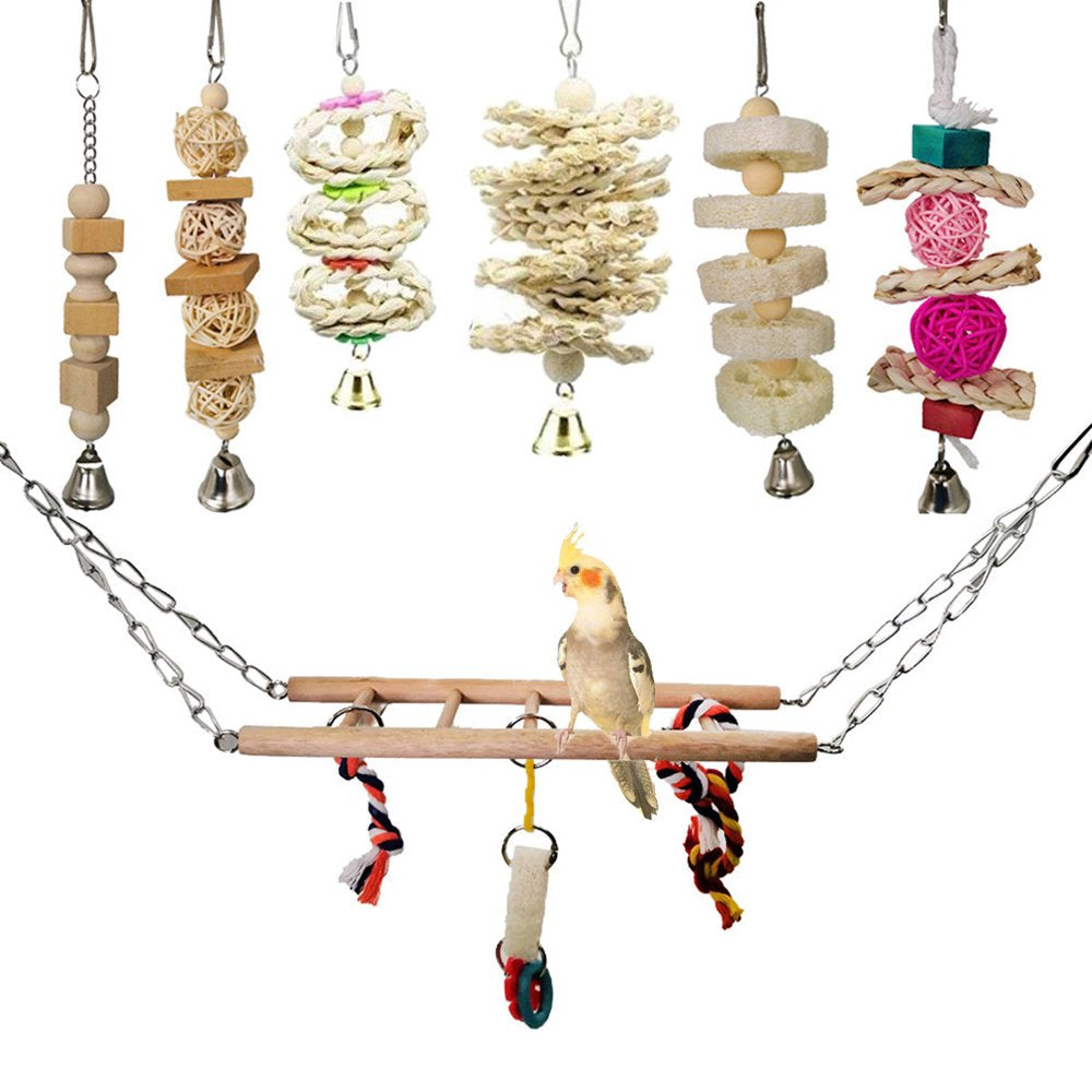 Pet Enjoy 7Pcs Bird Parrot Swing Toys,Bird Chewing Standing Hanging Perch Hammock Climbing Ladder Bird Cage Toys for Budgerigar,Parakeet and Other Birds Animals & Pet Supplies > Pet Supplies > Bird Supplies > Bird Ladders & Perches Pet Enjoy   