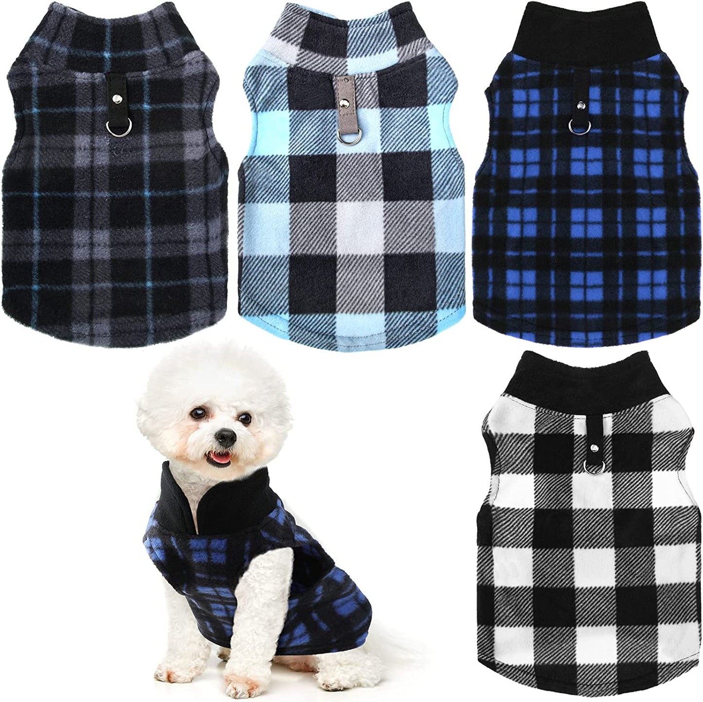 Hamify Fleece Vest Dog Sweater Set of 4 Buffalo Plaid Dog Pullover Warm Jacket Winter Pet Clothes with Leash Ring for Small Dog Cat (Small) Animals & Pet Supplies > Pet Supplies > Dog Supplies > Dog Apparel Geyoga Large  