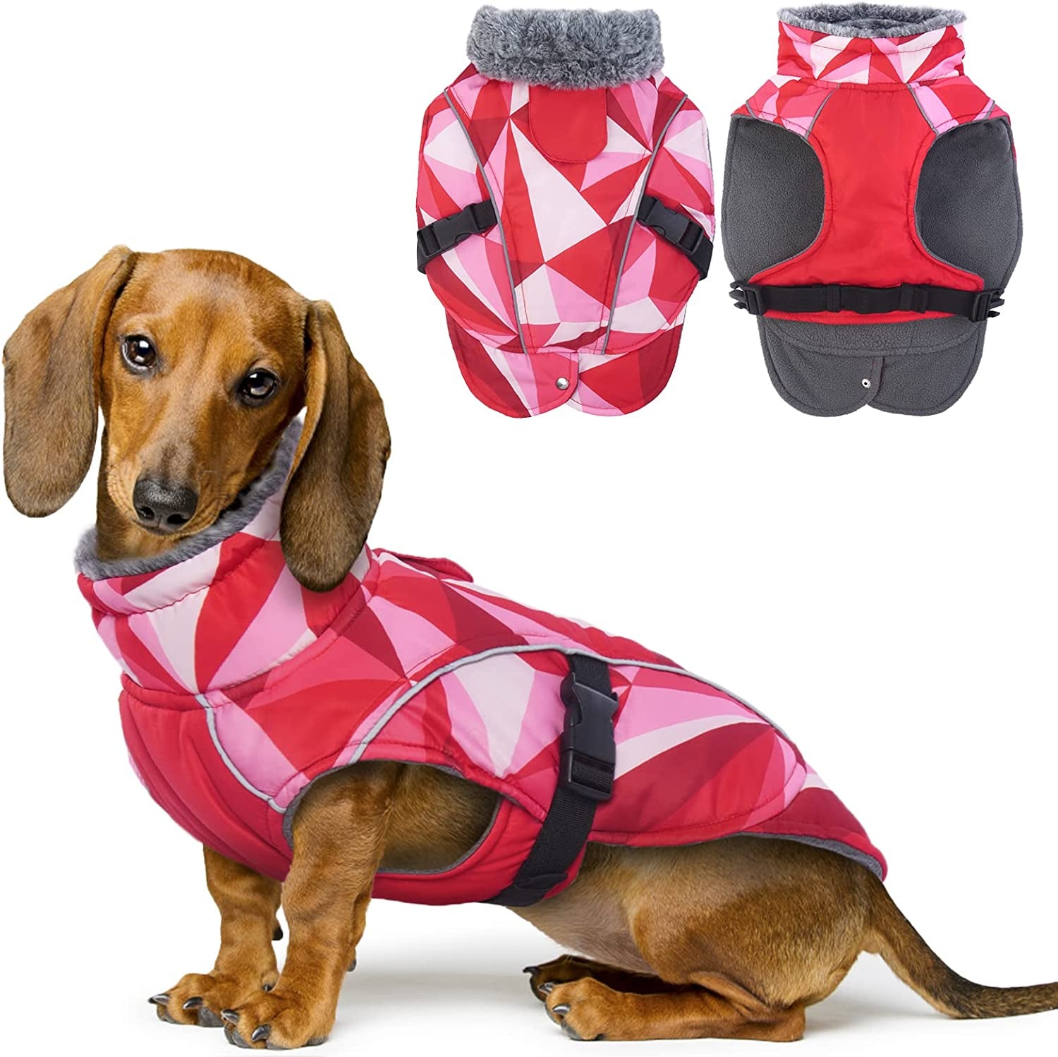 FUAMEY Dog Cold Weather Jacket,Dog Winter Coat with Fur Collar Pet Windproof Warm Vest Doggie Reflective Apparel Small Medium Large Paded Dog Clothes with Leash Hole Thick Dog Fleece Outdoor Coats Animals & Pet Supplies > Pet Supplies > Dog Supplies > Dog Apparel FUAMEY triangle Large(chest:21-24in) 