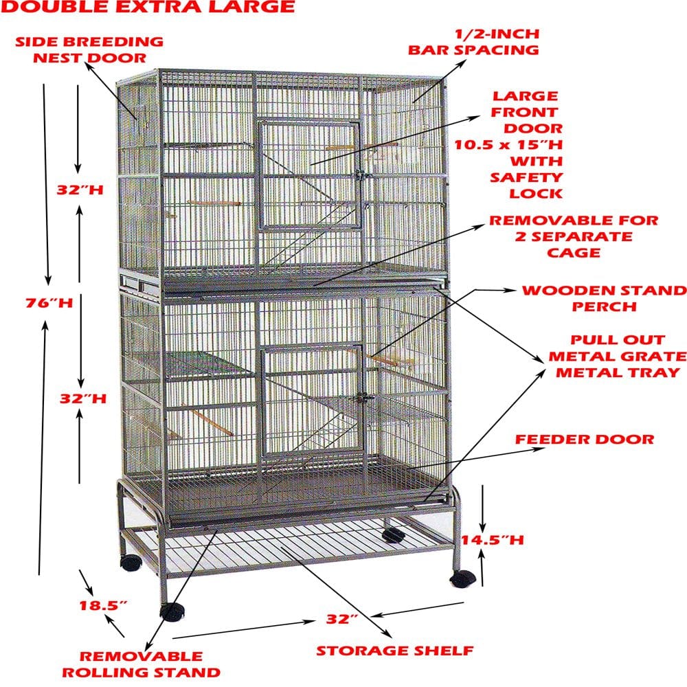 76" X-Large Double Stacker Wrought Iron Cage Bird Flight Parrot Breeding Rolling Stand Cage for Cockatiel Conure Canary Aviary Finches Budgies Animals & Pet Supplies > Pet Supplies > Bird Supplies > Bird Cages & Stands Mcage   