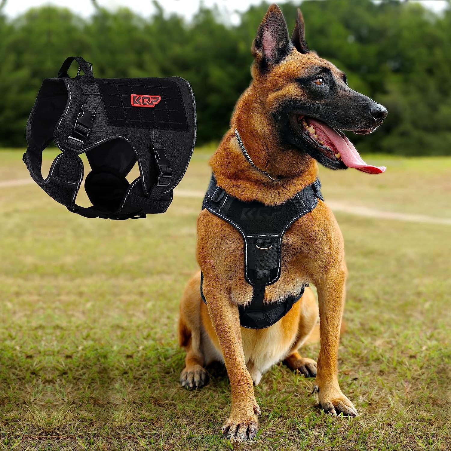 KQP Tactical Dog Harness for Large Medium Small Dogs No Pull,Military Dog Molle Vest with Hook & Loop Panels, Reflective Pet Walking Hiking Training,Black,Xl Animals & Pet Supplies > Pet Supplies > Dog Supplies > Dog Apparel KQP   