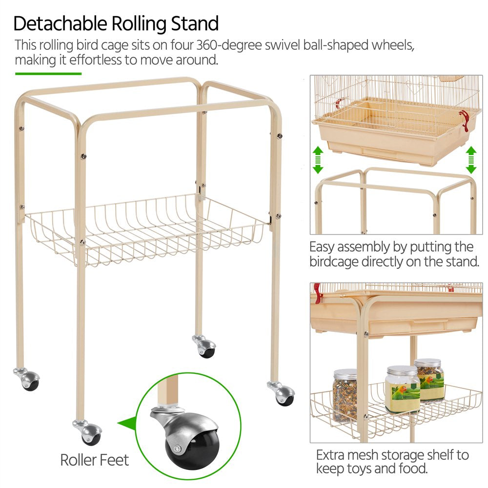 Topeakmart 64''H Open Top Metal Birdcage Rolling Parrot Cage with Detachable Stand, Almond Animals & Pet Supplies > Pet Supplies > Bird Supplies > Bird Cages & Stands Topeakmart   