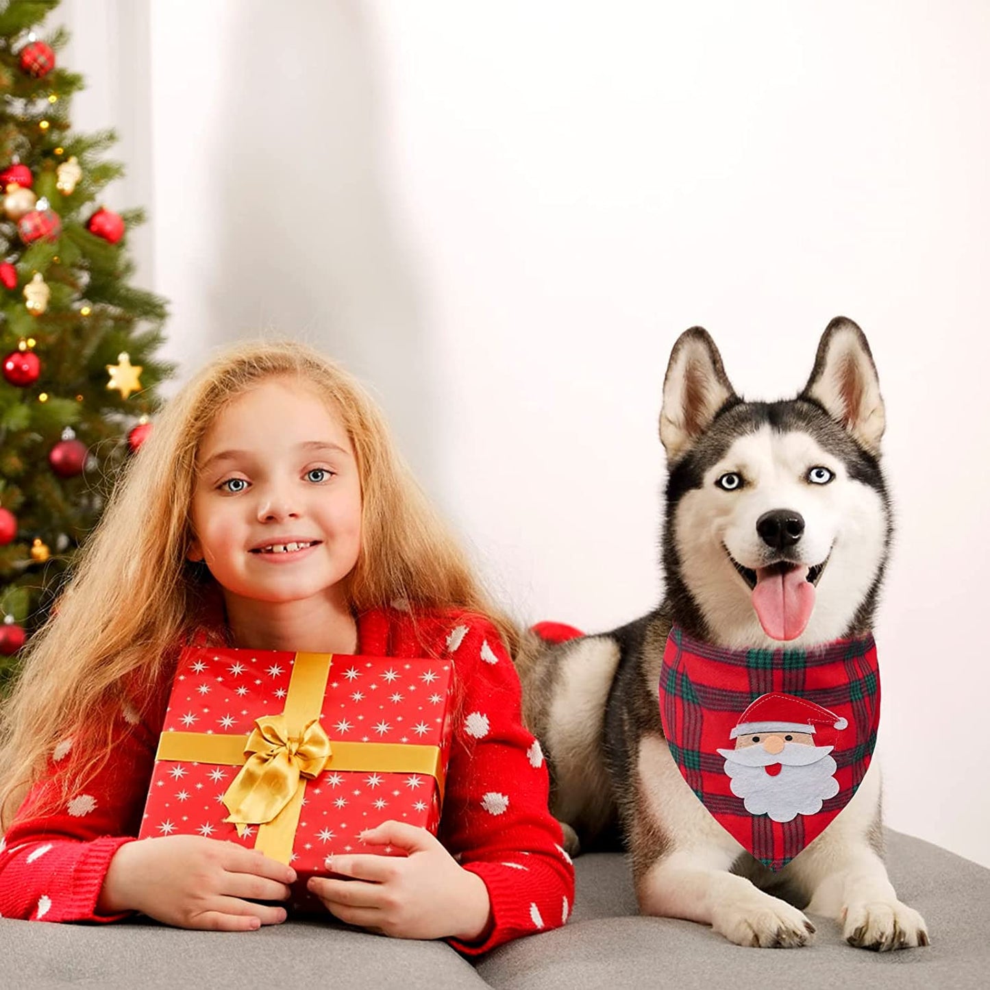 PAWCHIE 2 PCS Christmas Dog Bandanas with Handmade Applique (Santa Claus & Elk), Washable Plaid Triangle Bibs Scarfs for Puppy Animals & Pet Supplies > Pet Supplies > Dog Supplies > Dog Apparel PAWCHIE   