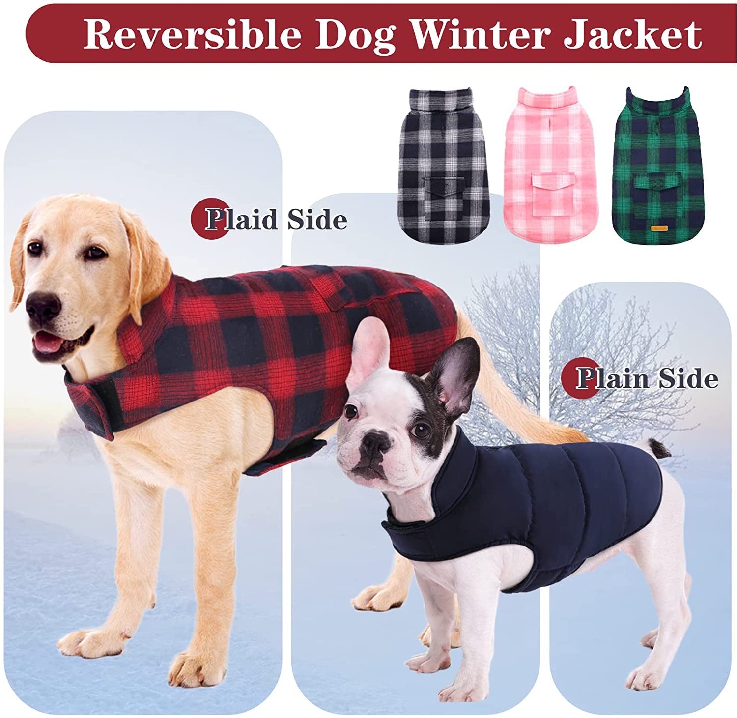 Kuoser Dog Winter Coat, Reversible Dog Jacket, Warm Dog Coat British Style Puppy Cold Weather Coat, Windproof Dog Clothes Dog Vest for Small Medium and Large Dogs Red M Animals & Pet Supplies > Pet Supplies > Dog Supplies > Dog Apparel Kuoser   