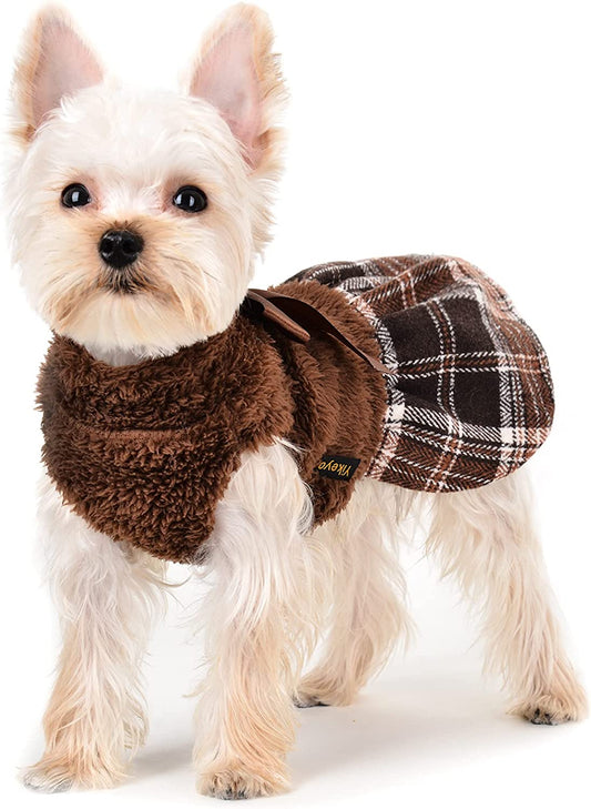 Yikeyo Fuzzy Dog Plaid Sweater Dress, Winter Warm Female Dog Clothes for Small Dogs Girl, Pet Outfit, Cat Apparel (Medium, Brown) Animals & Pet Supplies > Pet Supplies > Dog Supplies > Dog Apparel Yikeyo Brown Large 