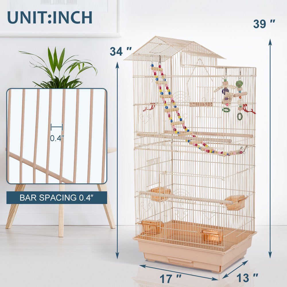 Dkelincs 39 Inch Big Birdcage Study Parakeet Cage Aviary with Accessories Roof Top Flight Parrot Cage with Ladder & Swing for Parakeet, Cockatiels, Parrots, Almond Animals & Pet Supplies > Pet Supplies > Bird Supplies > Bird Cage Accessories Dkeli   