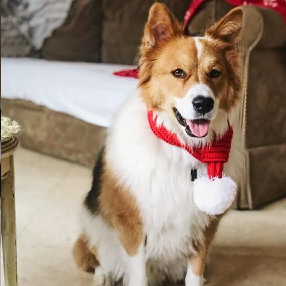 NACOCO Christmas Dog Knitted Scarf with White Pompom Warm Bandana Winter Holiday Pet Accessories Cat Scarves for Small Medium Cats Dogs Lovely Winter Outfits (S, Red) Animals & Pet Supplies > Pet Supplies > Dog Supplies > Dog Apparel NACOCO   