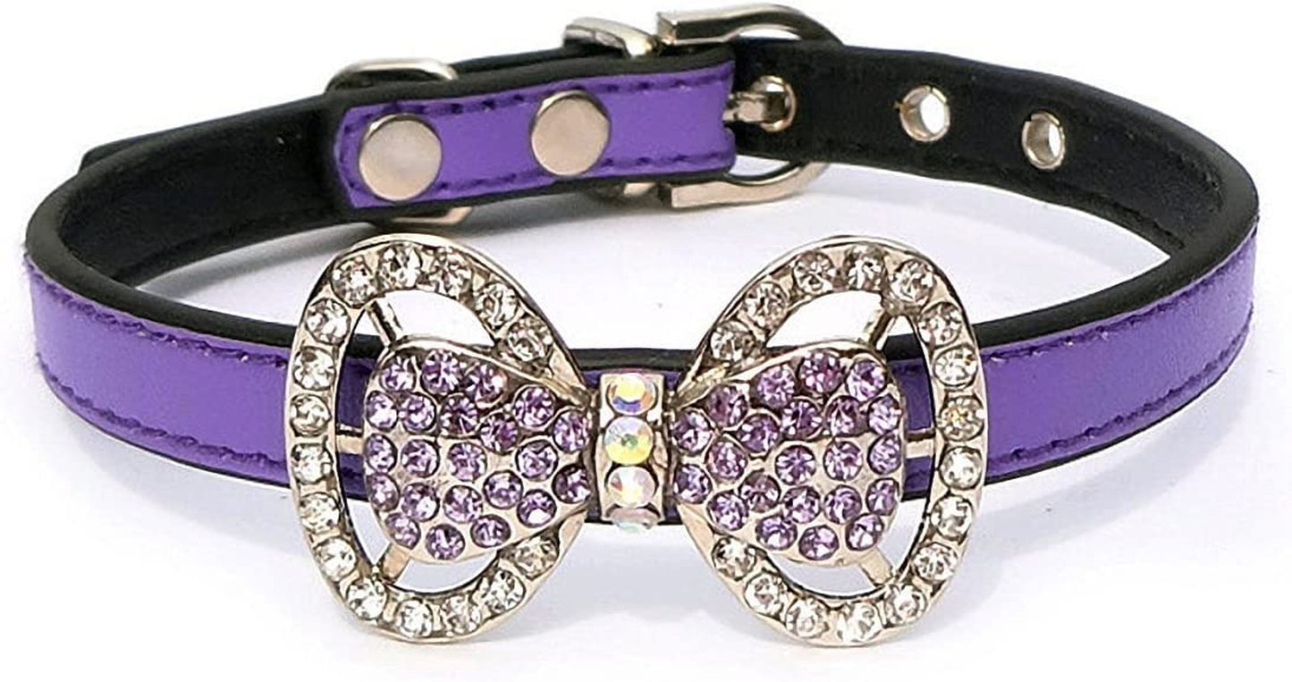 PETFAVORITES Leather Rhinestone Bow Tie Pet Cat Dog Collar Necklace Jewelry for Small Dogs Girl Kitten Puppy Teacup Chihuahua Yorkie Clothes Costume Outfits (5.9 to 8.2-Inch, Purple) Animals & Pet Supplies > Pet Supplies > Dog Supplies > Dog Apparel PETFAVORITES Purple Neck Size: 5.9" - 8.2" 