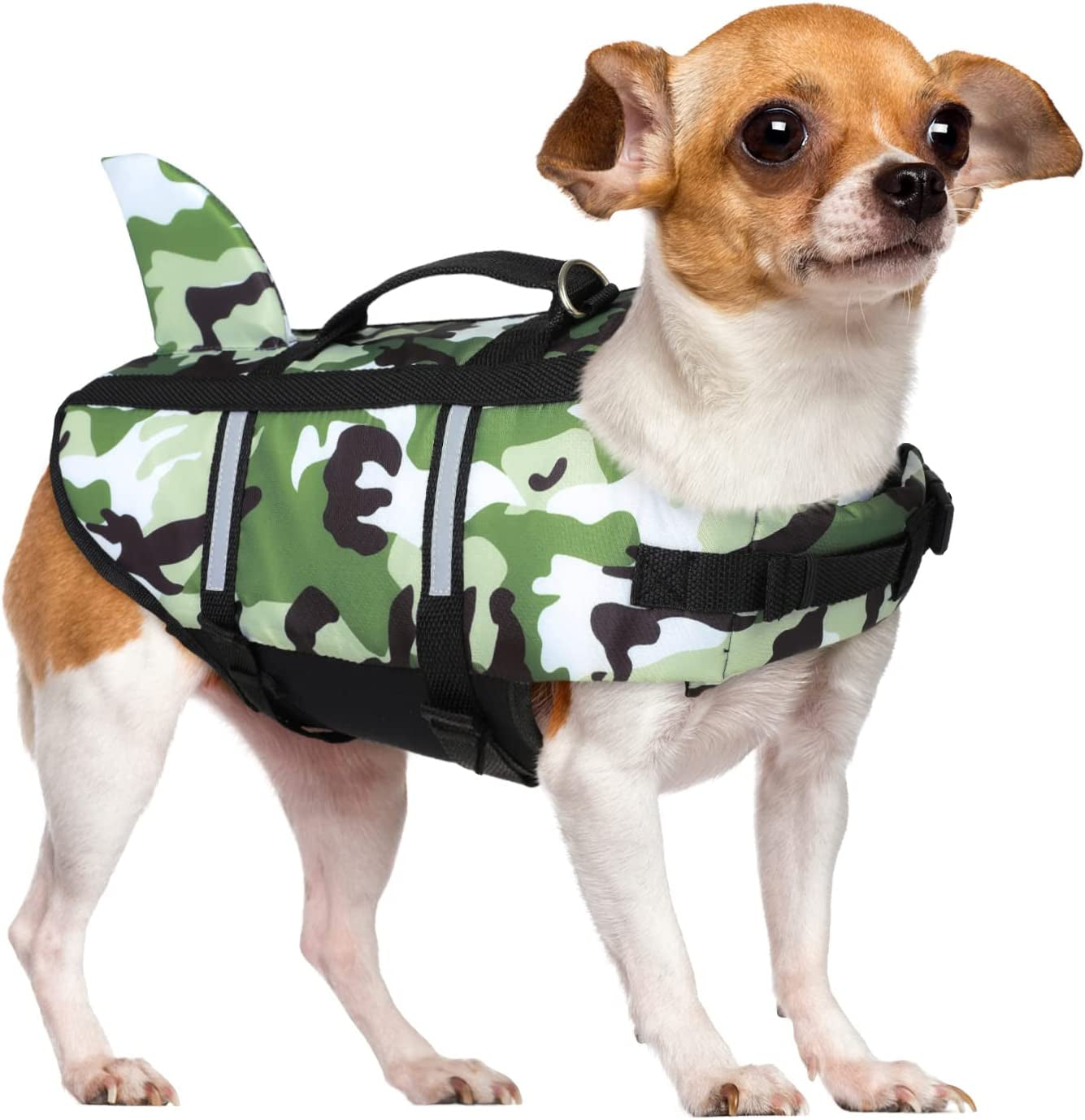 Queenmore Dog Life Jacket Pet Safety Vest High Buoyancy Camouflage Color Cute Shark with Strong Rescue Handle and Leash Ring for Boating, Canoeing, Surfing, Hunting, Blue M Animals & Pet Supplies > Pet Supplies > Dog Supplies > Dog Apparel Queenmore Green Small 