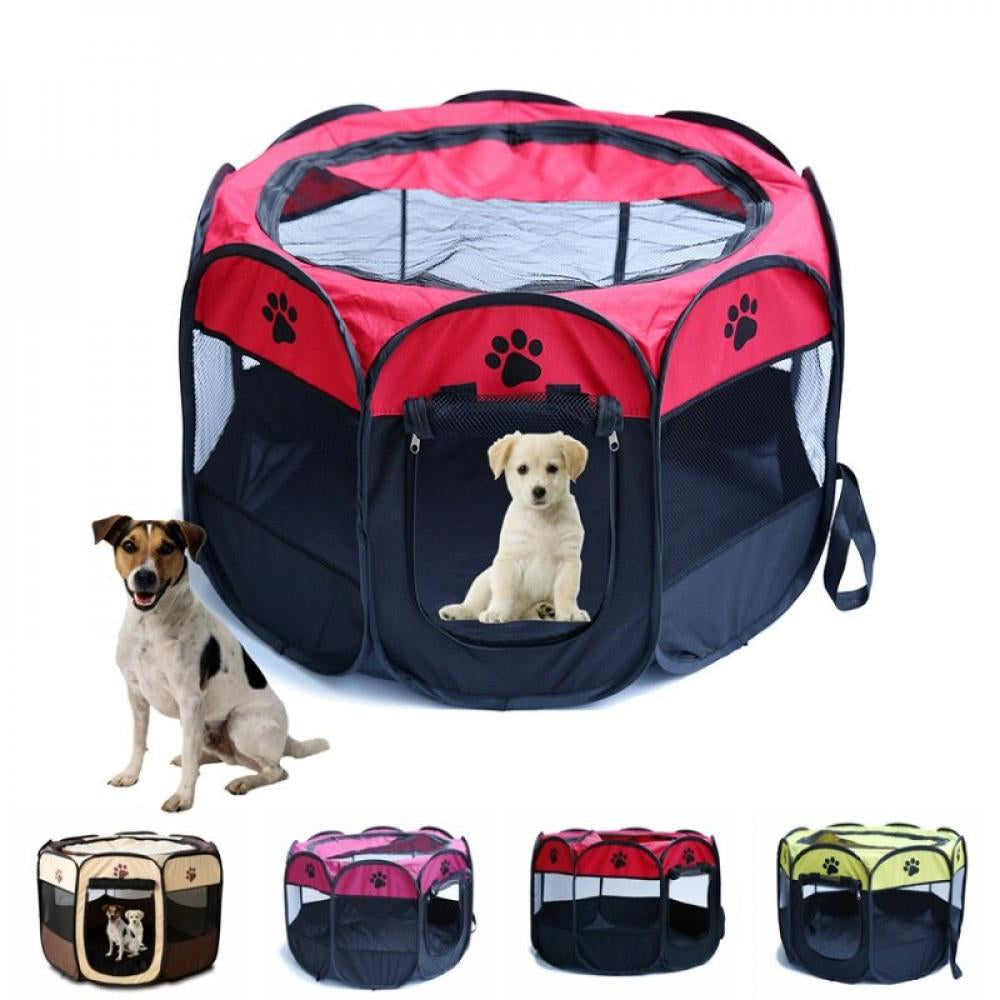 Portable Collapsible Pet Tent Dog House Octagonal Outdoor Breathable Tent Kennel Fence for Dogs Cat Brown S