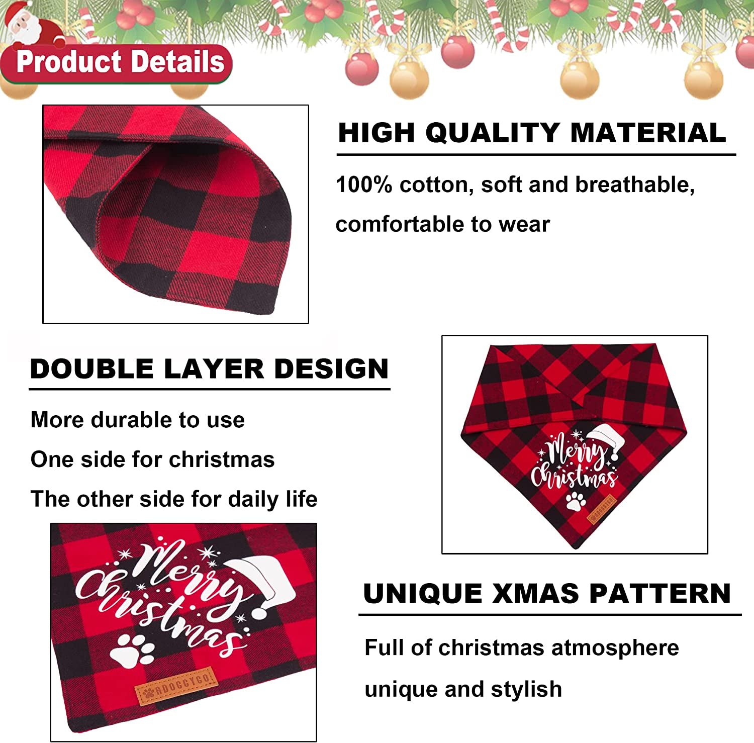 Adoggygo Christmas Dog Bandanas, Red Green Plaid Dog Christmas Scarf Bib, Multiple Sizes Offered, Merry Christmas Bandanas for Large X-Large Dogs Pets (X-Large, Red&Green) Animals & Pet Supplies > Pet Supplies > Dog Supplies > Dog Apparel ADOGGYGO   