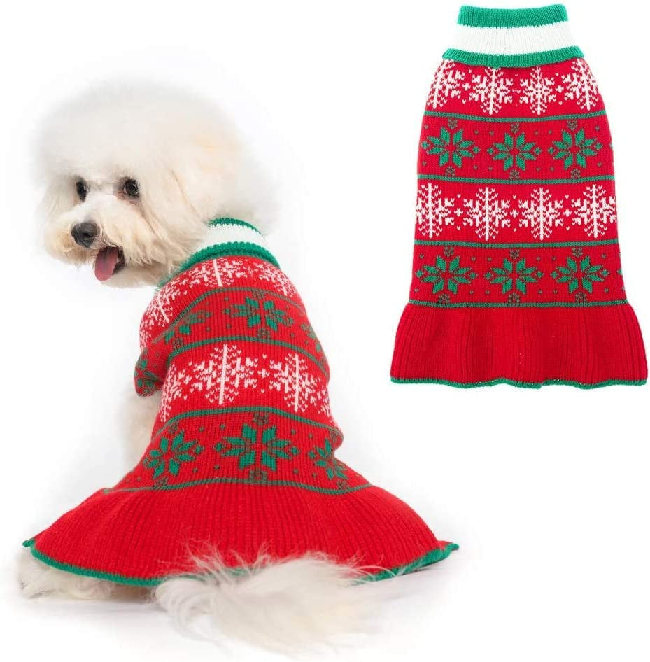 PAWCHIE Dog Sweater - Warm and Soft Winter Knitted Turtleneck Red New Year Rhombus and Snowflake Patterns Cold Weather Dog Coat, Holiday Pet Sweaters for Small Medium Large Dogs Animals & Pet Supplies > Pet Supplies > Dog Supplies > Dog Apparel PAWCHIE Sweater Dress X-Small 