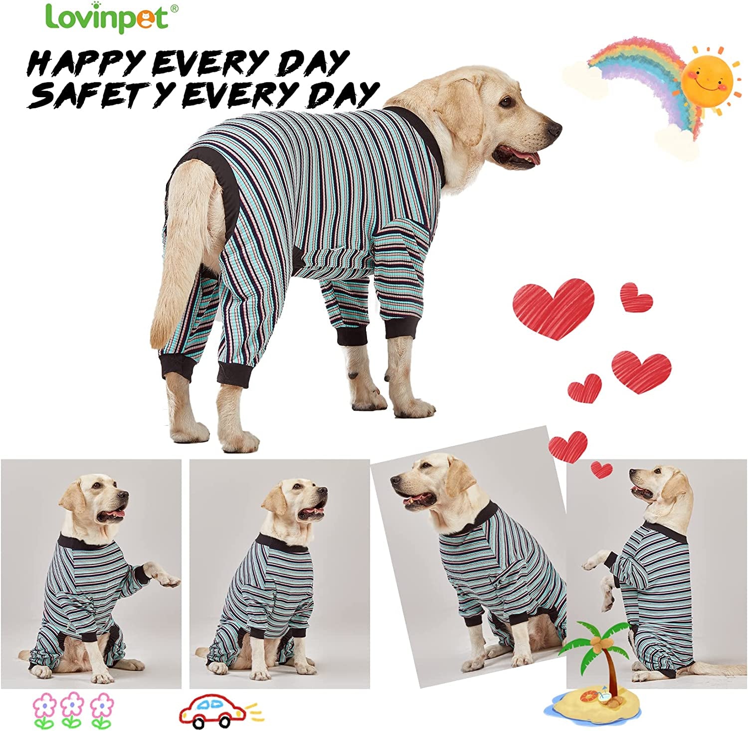 LovinPet Large Dog Pajamas, Cotton Multicolor Stripe Big Dog Shirt,Cotton  Dog Jammies, Full Body Dog Onesie, Pet PJ's/Large