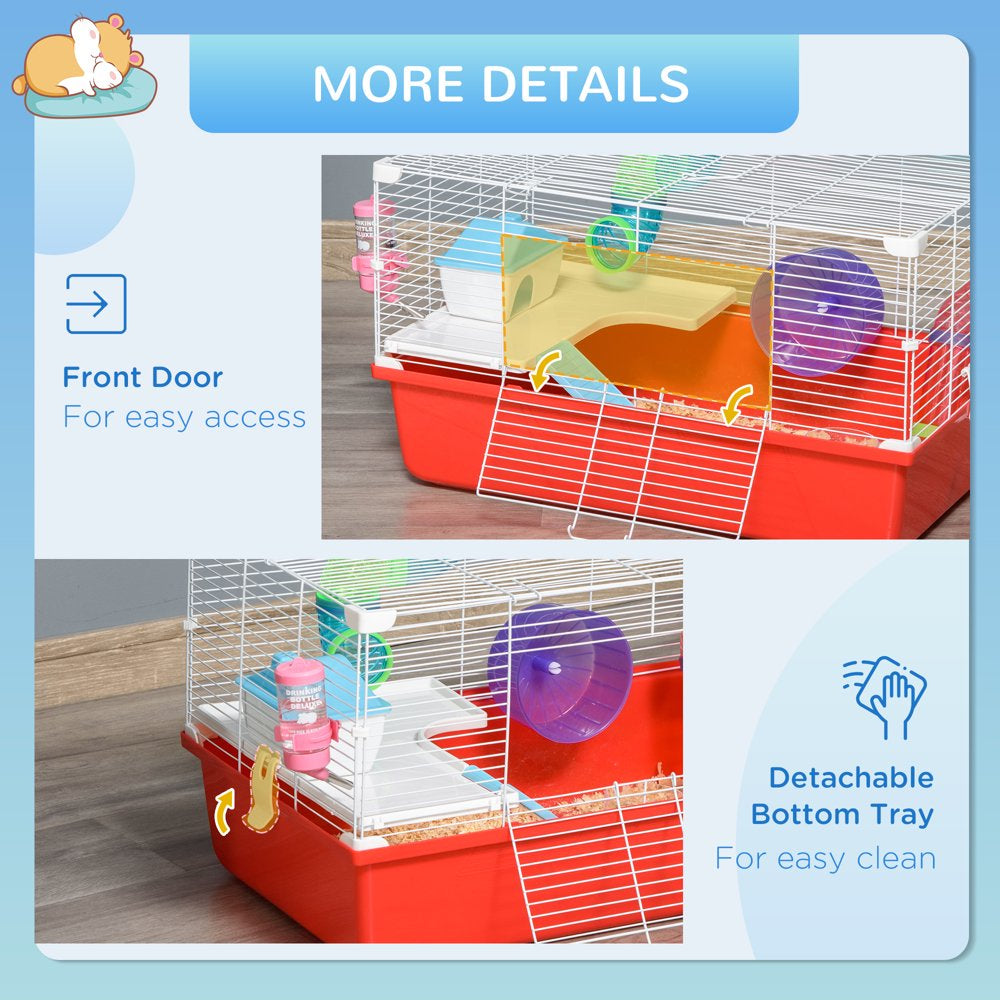 Pawhut Large Hamster Cage and Habitat, 2-Level Steel Rat Cage, Small Animal House, with Tube Tunnels, Exercise Wheel, Water Bottle, Food Dish, Hut, Ladder, Top Handle, 23" X 14" X 14", Red Animals & Pet Supplies > Pet Supplies > Small Animal Supplies > Small Animal Habitats & Cages Aosom LLC   