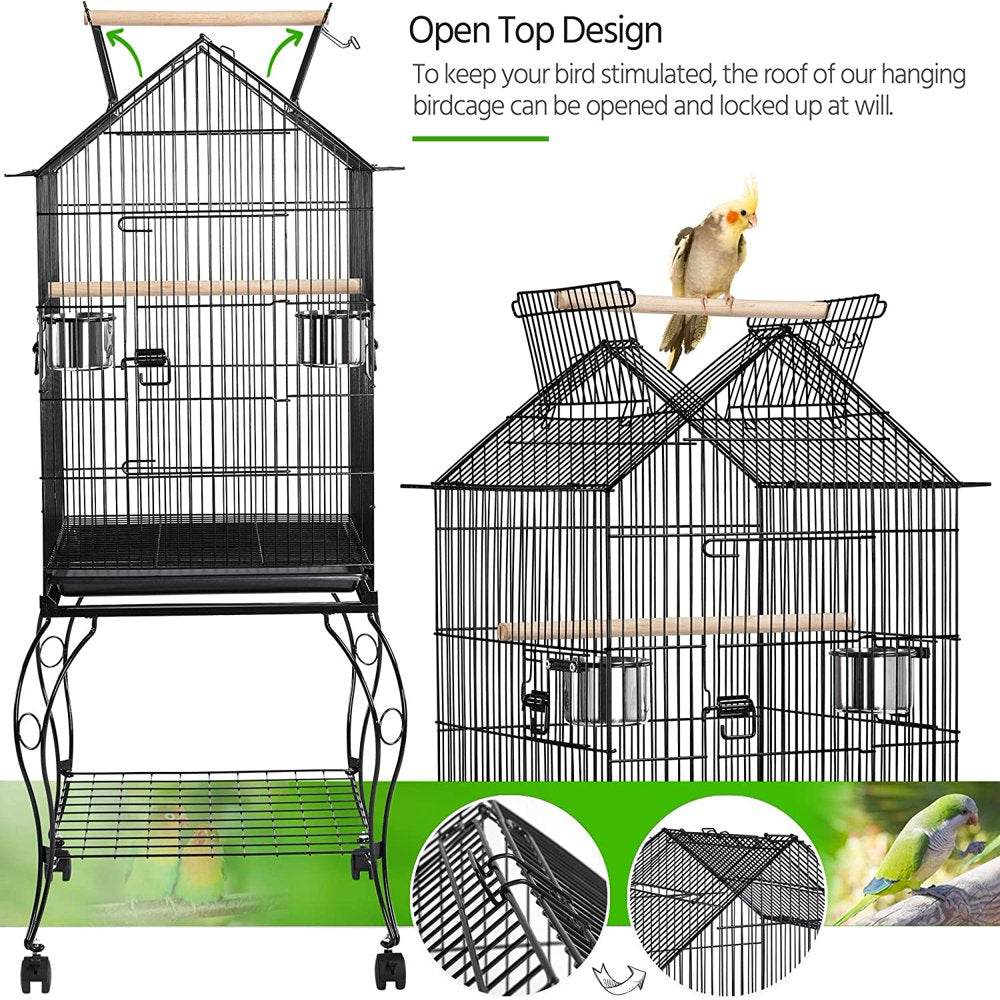 Hisevxus 57-Inch Rolling Open Top Roof Bird Cage for Mid-Sized Parrots Cockatiels Caique Quaker Monk Indian Ring Neck Green Cheek Conure Middle Bird Cage with Detachable Stand Animals & Pet Supplies > Pet Supplies > Bird Supplies > Bird Cages & Stands hisevxus   