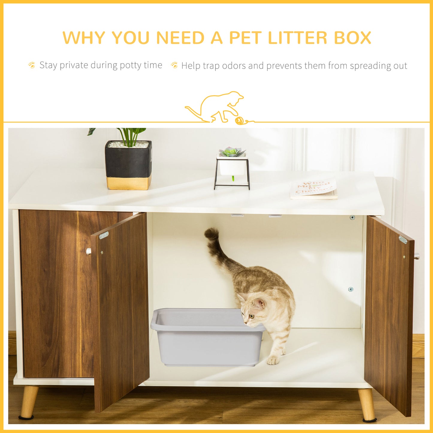 Cat Litter Box Enclosure Hidden Cat Furniture W/ Adjustable Shelf Magnetic Door