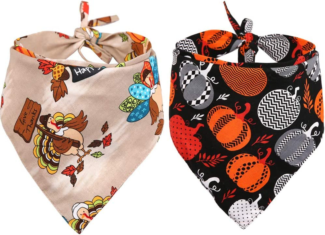 KZHAREEN 2 Pack Thanksgiving Dog Bandana Reversible Triangle Bibs Scarf Accessories for Dogs Cats Pets Animals Animals & Pet Supplies > Pet Supplies > Dog Supplies > Dog Apparel KZHAREEN pumpkin+turkey-2 Small 