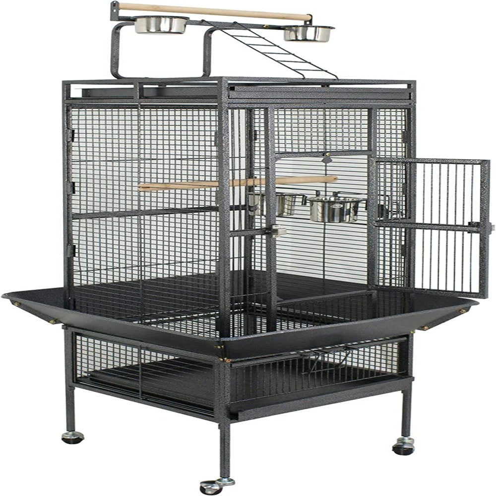 SUPER DEAL PRO 61-Inch 2In1 Large Bird Cage with Rolling Stand Parrot Chinchilla Finch Cage Macaw Conure Cockatiel Cockatoo Pet House Wrought Iron Birdcage, Black Animals & Pet Supplies > Pet Supplies > Bird Supplies > Bird Cages & Stands Vonluxe Zone   