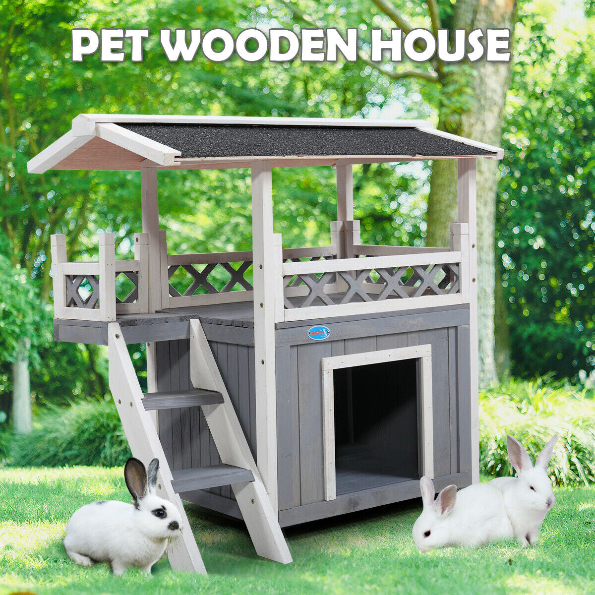 Lowestbest Dog House, Natural Wooden Dog House Home with Steps Balcony Puppy Stairs, Outdoor Weather-Resistant Cat Condo Pet House